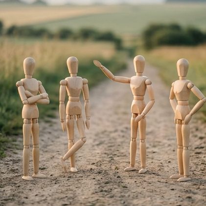 Symbolbild (KI-generiert): Holz-Gliederpuppen im Seminar, psychische Gesundheit am Arbeitsplatz