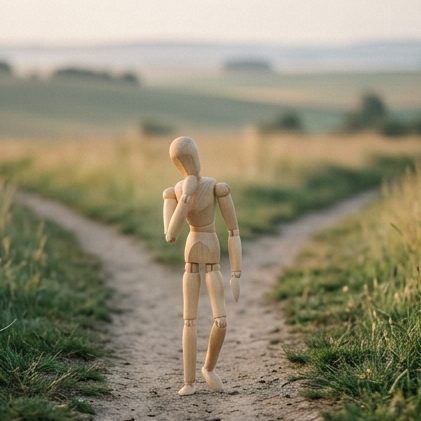 Symbolbild (KI-generiert): Holz-Gliederpuppe an einer Weggabelung, psychologische Beratung