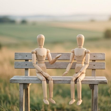 Symbolbild (KI-generiert): zwei Holz-Gliederpuppen auf einer Bank, Paarberatung